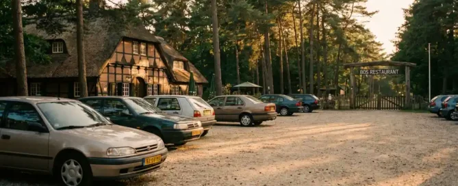 Grindparkeerplaats voor een rustiek Nederlands bosrestaurant, omgeven door hoge pijnbomen in warm middagzonlicht.