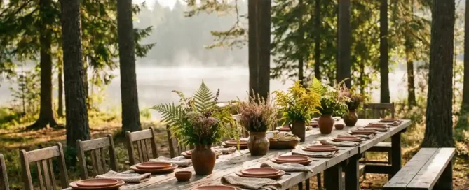 Lang rustieke houten tafel gedekt voor groepslunch in Veluwe-bos, met wildbloemstukken, terracotta borden en goudkleurig zonlicht.