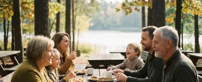 Familie geniet van buitenmaaltijd op rustiek houten terras aan bosrand op de Veluwe, herfstzonneschijn en meer op achtergrond.