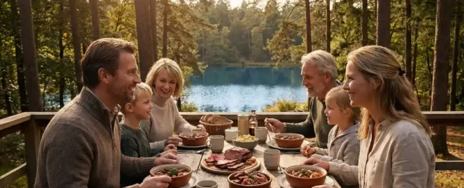 Familie luncht op zonnig houten terras aan een bosmeer op de Veluwe, met wildgerechten en pannenkoeken op tafel.