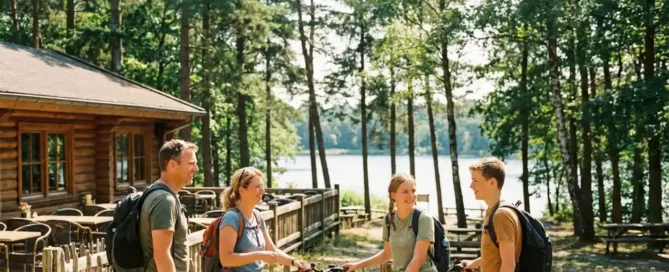 Familie arriveert op een rustiek terrasrestaurant aan het Uddelermeer in de Veluwe, fietsen tegen houten hek, dennenbos op achtergrond.
