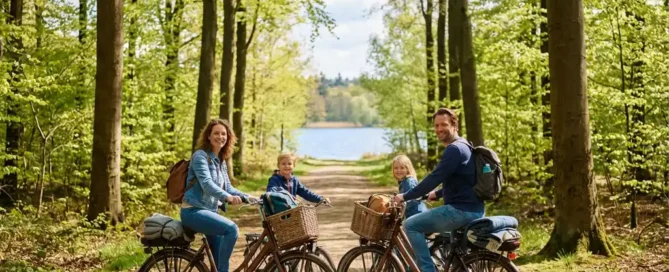 Gezin fietst over bospad op de Veluwe richting meer, met picknickspullen op de fietsen en zonlicht door beukenbomen.
