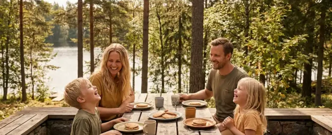Familie geniet van pannenkoeken op een houten picknicktafel op een bosterras in de Veluwe, met een meer op de achtergrond.