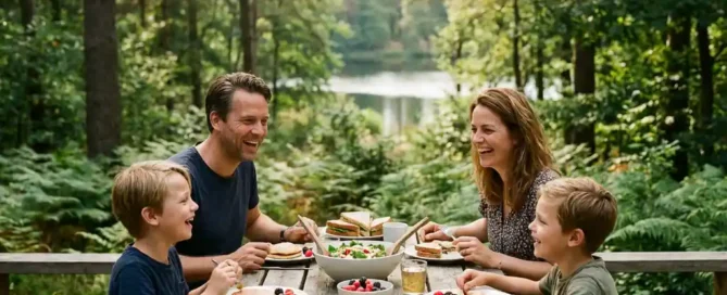 Familie geniet van lunch met pannenkoeken op houten terras, omringd door Veluwse bossen en een rustig meer op de achtergrond.