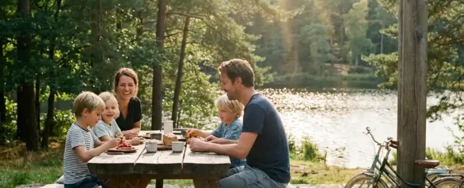 Familie geniet van pannenkoeken op zonnig terras aan het Veluwemeer, omringd door dennenbos, met kinderfietsen op de achtergrond.