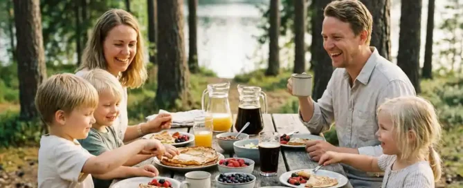 Gezin geniet van Dutch pancakes aan rustieke houten tafel in het Veluwse bos, met kinderen die reiken naar eten in warm middagzonlicht.
