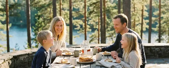 Familie eet Dutch pancakes op zonnig terras met uitzicht op een bosmeer, omringd door pijnbomen in gouden middaglicht.