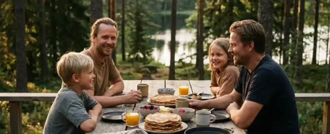Familie geniet van Dutch pancakes op een rustiek houten terras in de Veluwe, omgeven door dennenbomen en een rustig meer.