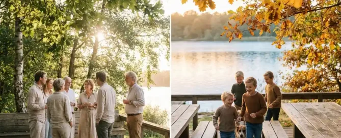 Familie geniet op houten terras aan de Uddelermeer, omringd door zomers groen en gouden herfstbladeren, kinderen spelen in warm avondlicht.