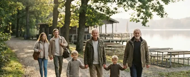 Multigenerationeel gezin wandelt langs een zonnig meerterras in het Veluwse bos, met houten restaurantterras op de achtergrond.