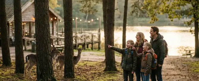 Familie met lachende kinderen op bospad in de Veluwe, herten zichtbaar tussen dennenbomen, restaurantterras aan meer op achtergrond.