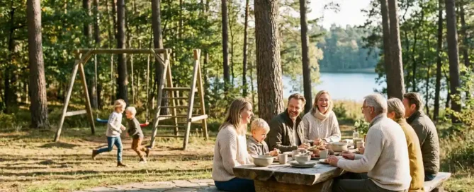 Familie geniet van buiten eten aan rustieke houten tafel op zonnig bosterras in de Veluwe, kinderen spelen op nabijgelegen speelplaats.