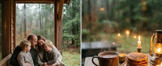 Familie schuilt onder houten veranda in de Veluwe, met warme chocolademelk en pannenkoeken op tafel terwijl regen tegen de ramen tikt.