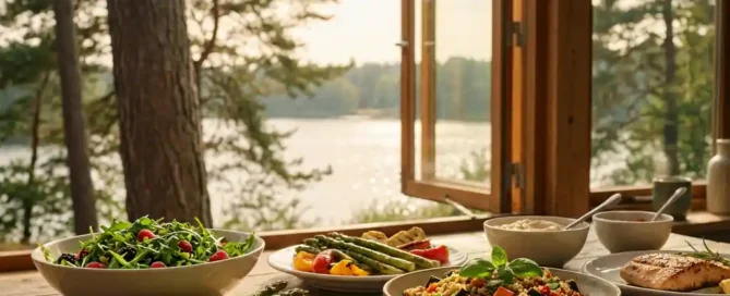 Glutenvrije lunchaanbieding op rustieke houten tafel met verse salades en gegrilde groenten, Uddelermeer en Veluwse dennenbomen op achtergrond.
