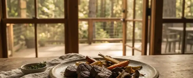 Glutenvrij bord met gegrild wild en seizoensgroenten op rustieke houten tafel, zonnig boslandschap zichtbaar op de achtergrond.