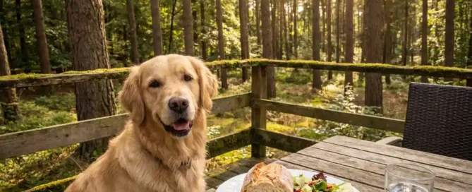 Gouden retriever naast een versleten houten terrastafel met halve lunch in het Veluwse dennenbos, warm gefilterd zonlicht.