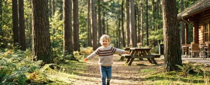 Kind rent met gespreide armen over bospad op de Veluwe, houten picknicktafel en terras zichtbaar tussen de pijnbomen.
