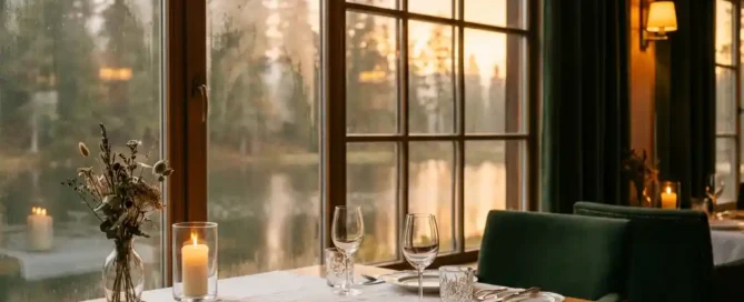 Elegant restauranttafel met leren reserveringsboek en kaars bij raam met uitzicht op mistig bosmeer tijdens gouden uur.