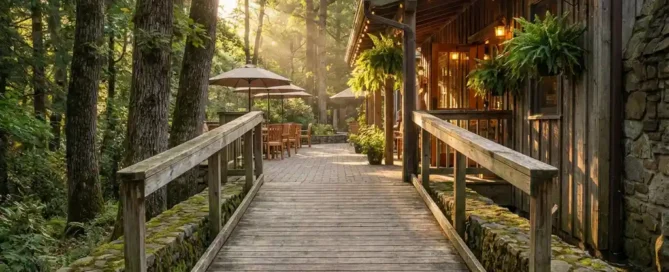 Rolstoeltoegankelijke oprit naar een restaurantingang omgeven door Veluwse eikenbomen in gouden middaglicht.