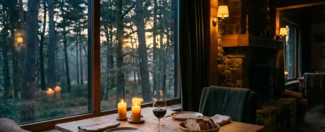 Romantisch gedekte tafel voor twee bij kaarslicht in rustiek restaurant met uitzicht op Veluwse bossen in de schemering.