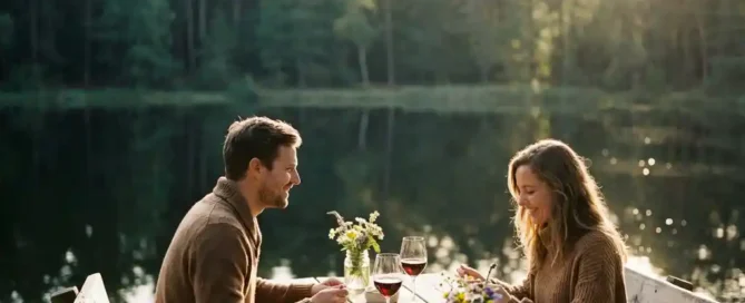 Stel luncht op zonnig terras aan rustige bosmeer in de Veluwe, met wijnglazen en wildbloemgarnering op houten tafel.