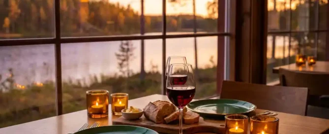 Romantisch gedekte restauranttafel voor twee met rood wijnglas en rustiek broodplank, kaarsreflecties op bestek, panoramisch uitzicht op bosmeer bij gouden uur.