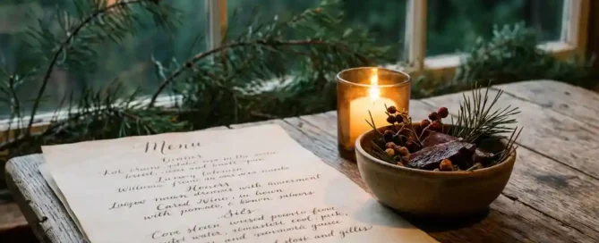 Rustiek handgeschreven menu op verweerde eiken tafel, verlicht door kaarslicht met dennentakken en mistig bos op de achtergrond.