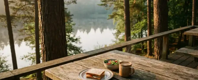 Rustieke houten lunchtafel met bord en dampende koffie op bosterras aan het Veluwemeer, gouden middaglicht door dennenbomen.