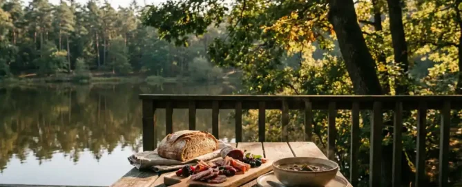 Rustieke houten tafel met ambachtelijk brood, wildcharcuterie en bossoep op een terras met uitzicht op het Uddelermeer en Veluwse dennenbossen.