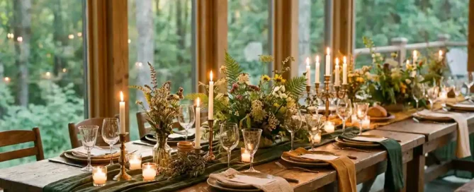 Rustieke houten feesttafel met kaarslicht, wildbloemstukken en wijnglazen, omgeven door bosgroen door hoge ramen.
