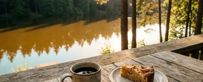 Terrasstafel met koffie en appeltaart met uitzicht op het Uddelermeer en het Veluwse dennenbos in ochtendlicht.