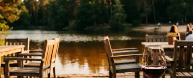 Zonnig restaurantterras aan een rustig bosmeer op de Veluwe, met houten stoelen, stenen patio en een wijnglas in warm gouduur licht.