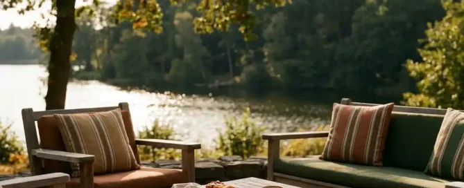 Zonnig terras met rustiek houten meubilair en linnenkussens, uitzicht op het Uddelermeer en Veluwse bossen, koffie en taart op de voorgrond.