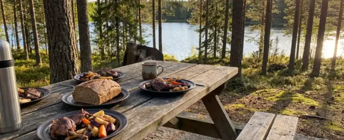 Houten picknicktafel met wildgerechten en dampende koffie op terras bij het Uddelermeer, omringd door Veluwse dennenbossen in middagzon.