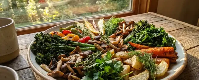 Kleurrijk vegetarisch bord met geroosterde groenten, verse kruiden en champignons op rustieke houten tafel bij zonnig bosraam.