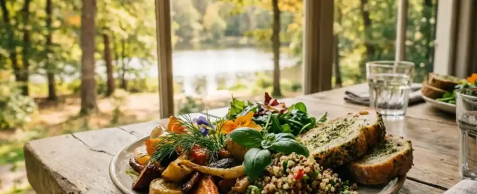 Vegetarisch lunchbord met verse groenten en ambachtelijk brood, met uitzicht op het Veluwse bos en een meer door grote terrasvensteren.