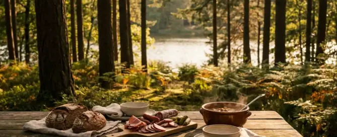 Rustieke lunchtafel met ambachtelijk brood, wildcharcuterie en bossoep, met uitzicht op het Uddelermeer door dennenbomen op de Veluwe.