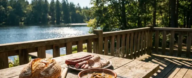 Rustieke houten lunchtafel met ambachtelijk brood, wildcharcuterie en bossoep op een zonnig terras met uitzicht op het Uddelermeer en Veluwse dennenbossen.