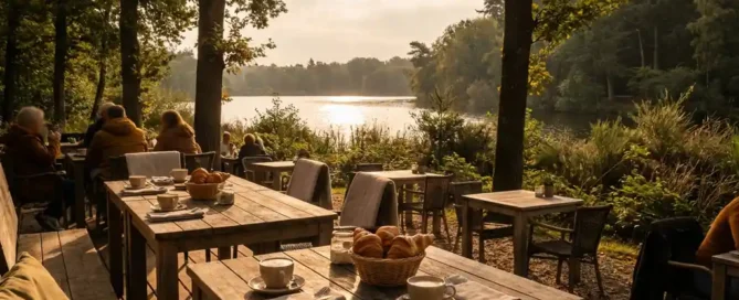 Gezellig terras van een Nederlands restaurant in de Veluwe, met rustieke houten tafels, koffie en gebak, omgeven door eikenbomen en een glinsterende vijver.