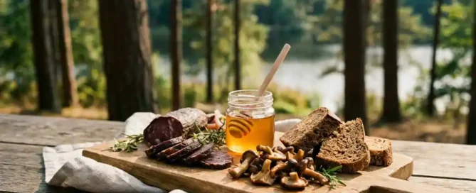 Rustiek houten lunchplank met Veluwse streekproducten: wildzwijncharcuterie, lokale honing, roggebrood en bospaddestoelen, met dennenbomen op de achtergrond.
