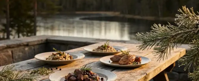 Rustieke houten tafel met wildgerechten en boskruiden op een terras met uitzicht op het Uddelermeer en Veluwse dennenbossen.
