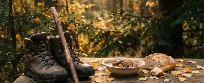Versleten leren wandelschoenen en houten wandelstok naast een dampende kom wildstoof met brood op een rustieke tafel in het Veluwse herfstbos.