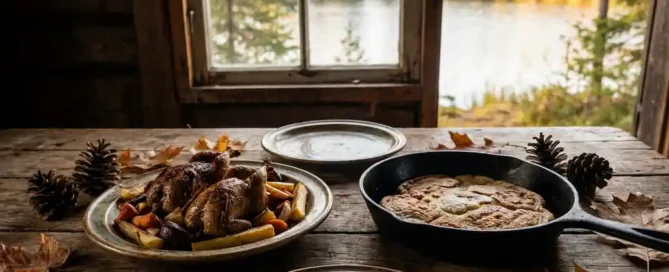 Rustieke houten tafel met wildgerecht en zelfgemaakte pannenkoek, omringd door dennenappels en herfstbladeren, bosmeervista op achtergrond.