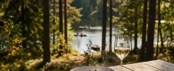 Dampende kom wild stoofpot en glas witte wijn op rustieke houten tafel met uitzicht op een bosmeer in de Veluwe.