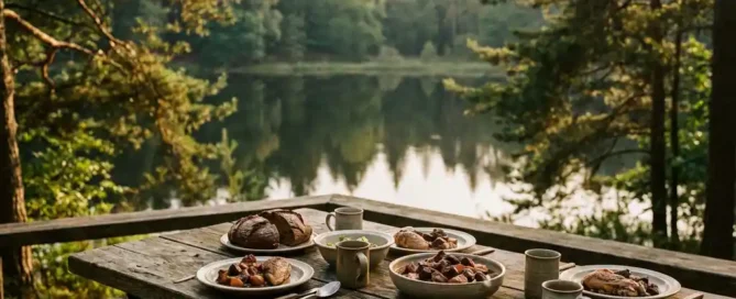 Rustieke houten tafel met wildgerechten en vers brood op een zonnig bosbalkon aan het Veluwemeer.