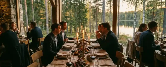 Elegant gedekte tafel voor zakelijk diner in rustiek restaurant met uitzicht op Veluwse bossen en meer, wildgerechten en wijnglazen in kaarslicht.