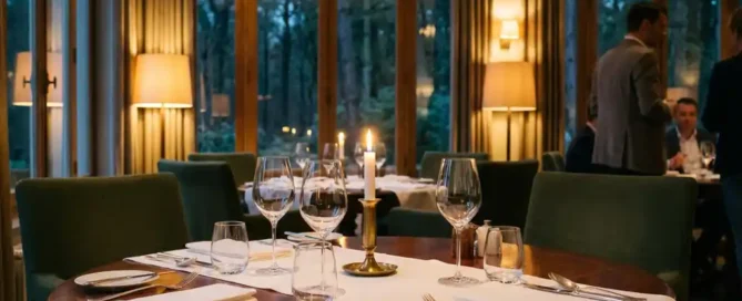 Gedekte ronde tafel met wit linnen, kristalglas en kaars in elegant Nederlands restaurantje aan de Veluwe bij schemering.