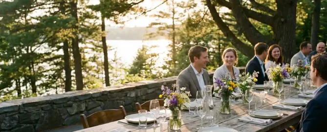 Rustieke houten tafel gedekt voor zakelijke lunch op boslandgoed op de Veluwe, met linnen servetten, glaswerk en wilde bloemen, gouden uurtje.