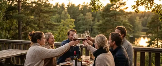 Vrienden proosten met wijnglazen op een rustiek houten terras bij zonsondergang, omgeven door het Veluwse bos en een glimp van het meer.