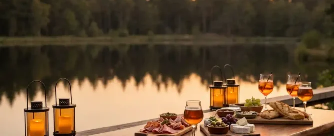 Houten hightop tafel met borrelplank, charcuterie en craft drinks op terras met uitzicht op Veluwemeer bij gouden uur.
